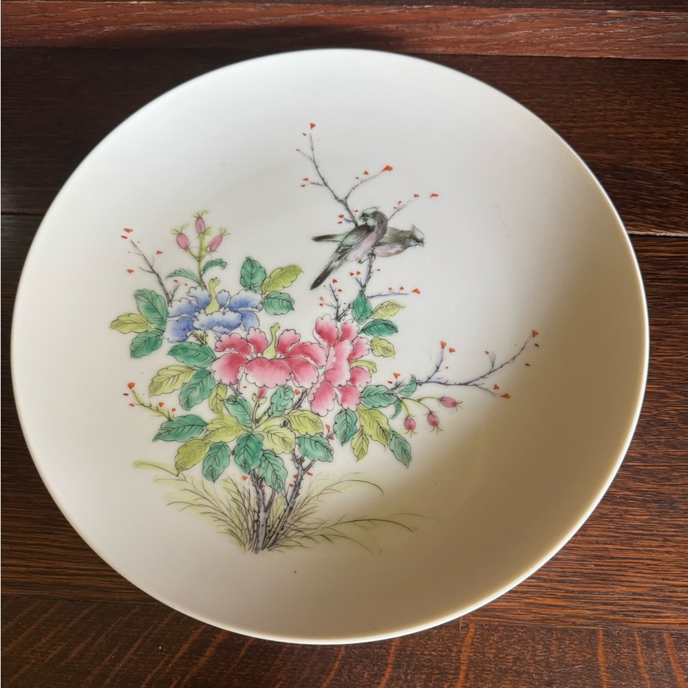 Vintage Asian Floral Porcelain Plate with Bird Design